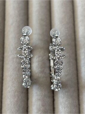CHANEL Silver Crystal Floral Hoop Earrings